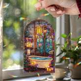 Cozy Bathroom Acrylic Suncatcher, Stained Glass Style Bathtub Window Hanging with Candles, Flowers and Arched Floral Window Panel